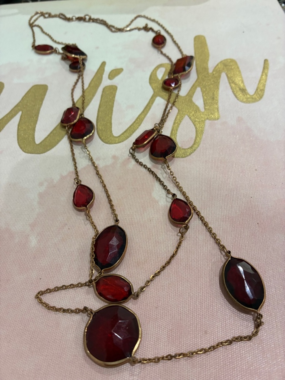 Gold-Tone Long Necklace with Red Faceted Stones